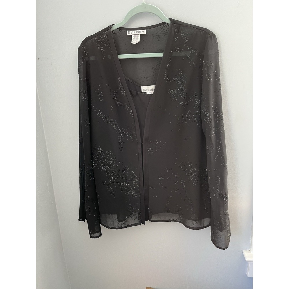 Dressbarn Evening Blazer Top 14 Black with Rhinestone Long Sleeve Open Front